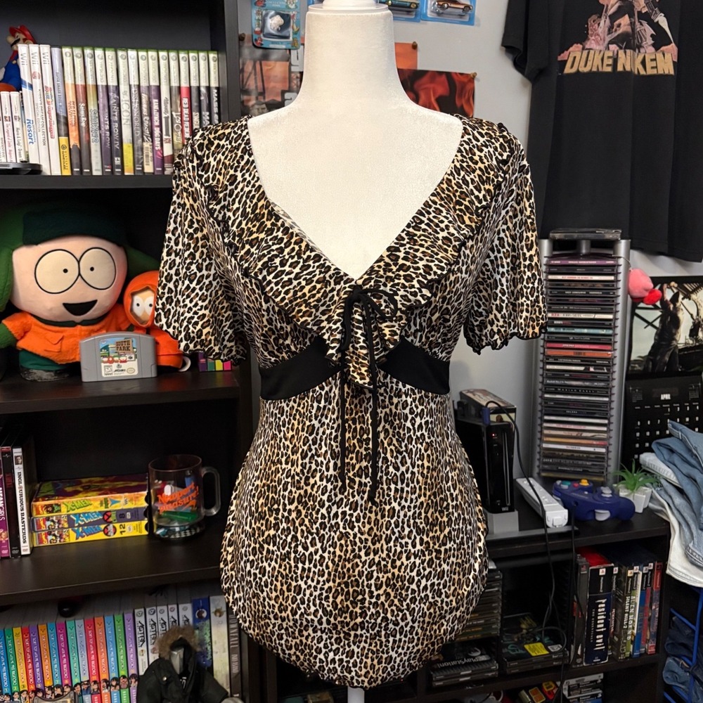 Vtg 00s Notations Leopard Print Ruffle Tie Front Empire Waist Blouse Brown Black